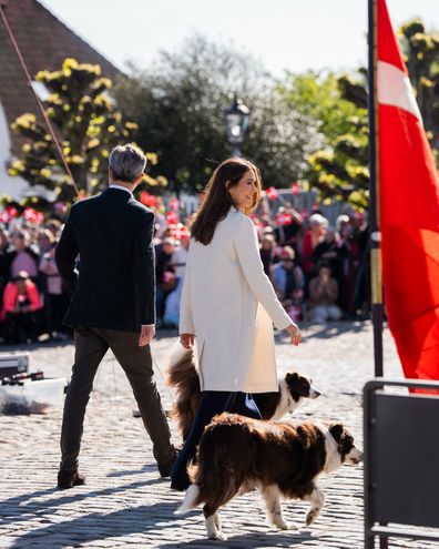 FREDENSBORG, DENMARK - MAY 5: King Frederik X of Denmark and Queen Mary of Denmark are welcomed by the public at Fredensborg Castle on May 5, 2025 in Fredensborg, Denmark with their dogs Grace and Coco.