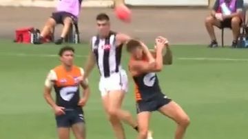 Collingwood player Brayden Maynard has been charged for this strike on Daniel Lloyd in the AFL pre-season.
