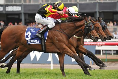 Nash Rawiller lifted Kirramosa over the line to beat Zanbagh with Solicit. (Getty)