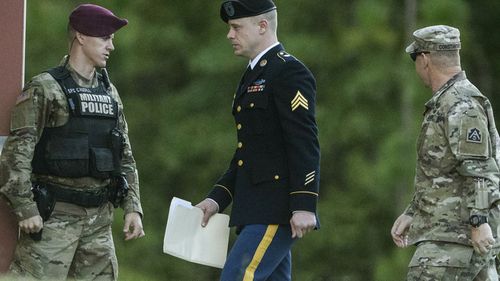 United States Army Sgt. Bowe Bergdahl arrives at the Fort Bragg courtroom facility for a sentencing hearing on Monday. Image: AP