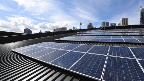 Solar panels with Sydney's Centrepoint Tower in the background.