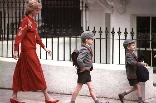 Princess Diana with a young Prince William and Harry at school.