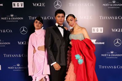 MELBOURNE, AUSTRALIA - DECEMBER 02: (L-R) Ayesha Madon, James Majoos and Chloe Hayden attend the NGV Gala 2023 at the National Gallery of Victoria on December 02, 2023 in Melbourne, Australia. (Photo by Matt Jelonek/Getty Images for NGV)