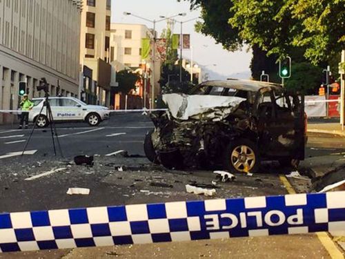 The scene of the crash on Davey Street, Hobart.
