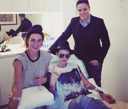 Ruby Rose (centre) getting an IV treatment.