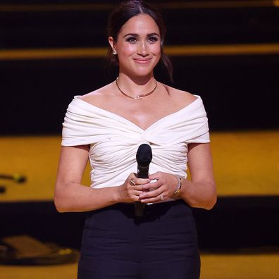 Meghan, Duchess of Sussex speaks on stage during the Invictus Games The Hague 2020 Opening Ceremony at Zuiderpark on April 16, 2022 in The Hague, Netherlands. (Photo by Chris Jackson/Getty Images for the Invictus Games Foundation)