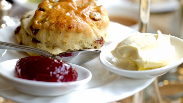 Strawberry jam, cream, scones