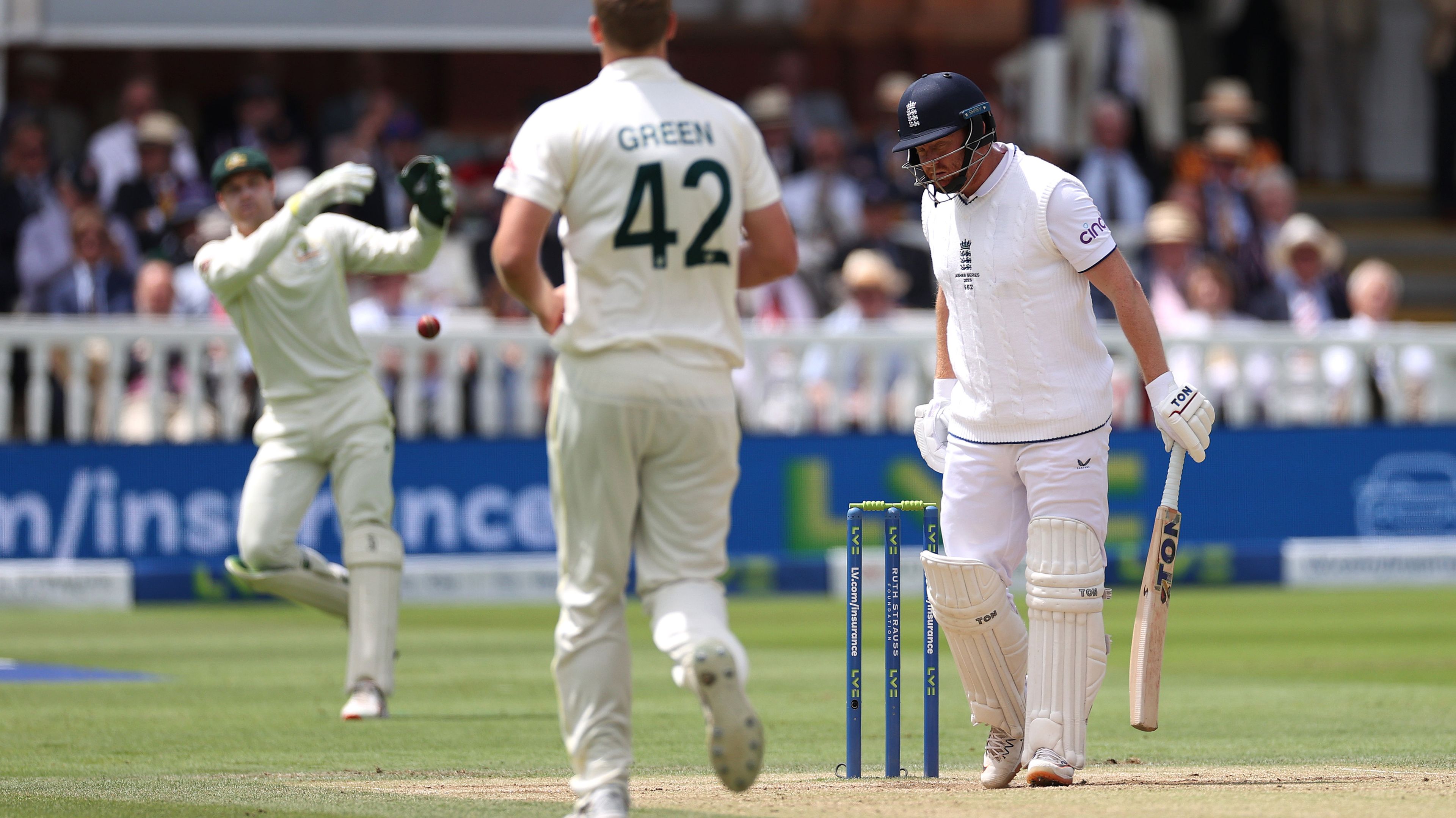Jonny Bairstow wanders from his crease as Australia&#x27;s Alex Carey throws the ball at his strumps, getting England&#x27;s batter out.