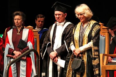 Princess Anne and Camilla alongside the Principal, Professor George Boyne, at the University of Aberdeen.