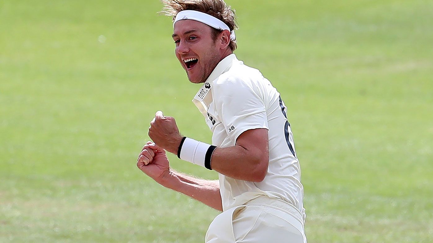 Stuart Broad celebrates his 500th Test wicket during the third match against West Indies.