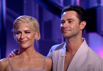 Selma Blair and trainer Sasha Farber after her performance on Dancing with the Stars.