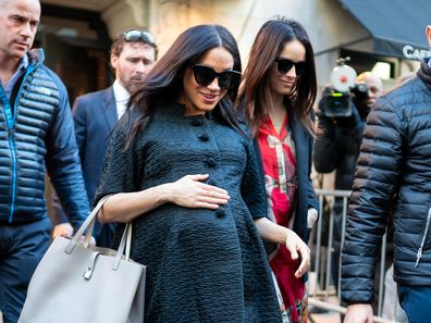 Meghan, Duchess of Sussex (L) and Abigail Spencer are seen in the Upper East Side on February 19, 2019 in New York City. 