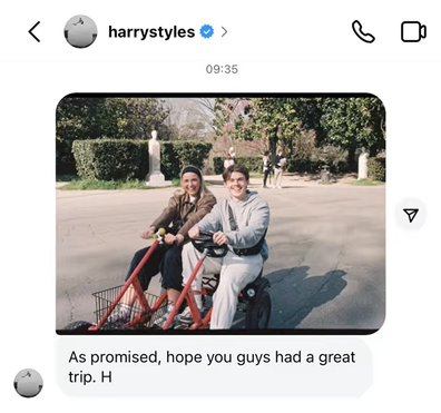 An Instagram message from Harry Styles to fan Jess, including a photo he took of her during a holiday encounter