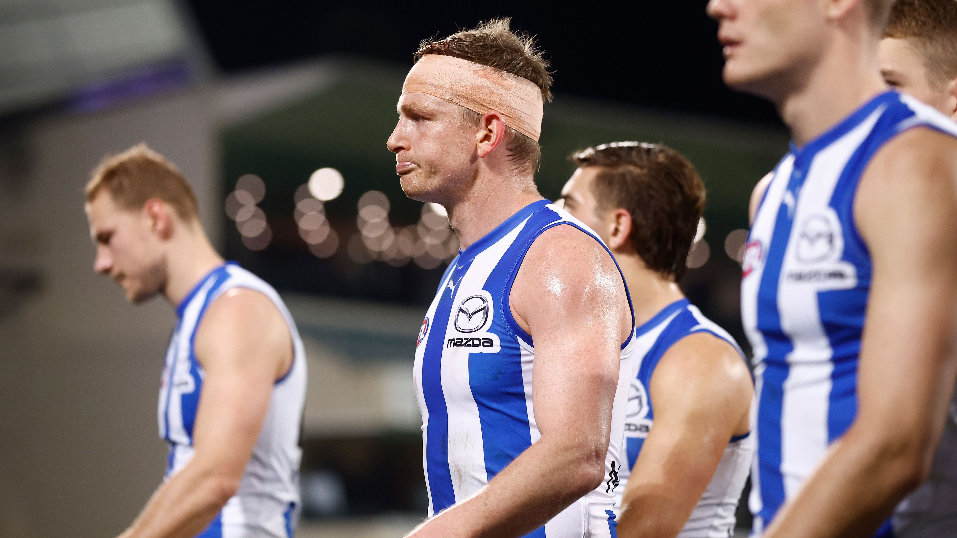 HOBART, AUSTRALIA - JUNE 11: Jack Ziebell of the Kangaroos looks dejected after a loss during the 2023 AFL Round 13 match between the North Melbourne Kangaroos and the GWS Giants at Blundstone Arena on June 11, 2023 in Hobart, Australia. (Photo by Michael Willson/AFL Photos via Getty Images)