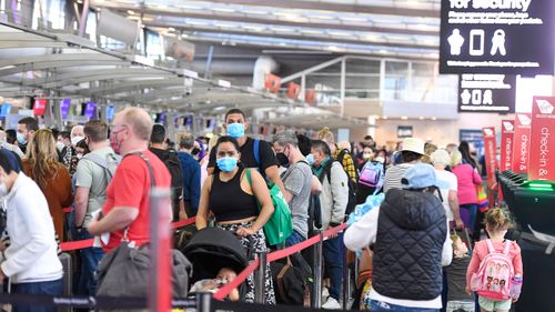 Easter holiday travellers at Sydney Domestic Airport Terminal T2.