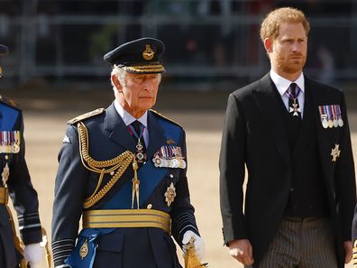 Prince William, Prince of Wales, King Charles III and Prince Harry, Duke of Sussex walk behind the coffin during the procession for the Lying-in State of Queen Elizabeth II on September 14, 2022 in London, England. Queen Elizabeth II's coffin is taken in procession on a Gun Carriage of The King's Troop Royal Horse Artillery from Buckingham Palace to Westminster Hall where she will lay in state until the early morning of her funeral. Queen Elizabeth II died at Balm