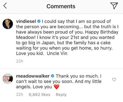 Meadow Walker, birthday greeting, Vin Diesel, Instagram, thank you, message