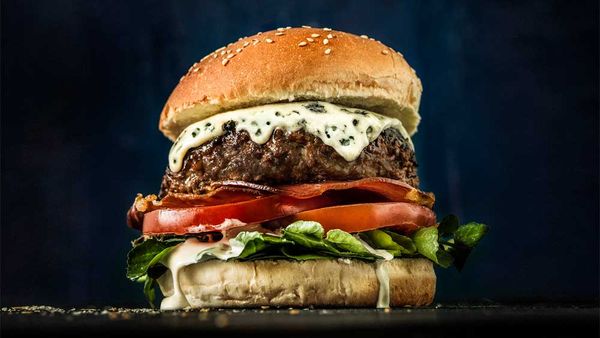 Blue cheese beef burger with creamy mushroom sauce