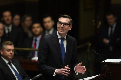 Treasurer Dominic Perrottet hands down the state budget at NSW Parliament House today. Picture: AAP