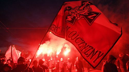 This far-right banner waved in Warsaw said: 'Death to the enemies of the homeland'. (Photo: AAP).