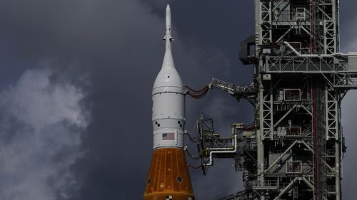 The NASA moon rocket stands on Pad 39B before the Artemis 1 mission to orbit the moon at the Kennedy Space Center, Friday, Sept. 2, 2022, in Cape Canaveral, Fla. (AP Photo/Brynn Anderson)