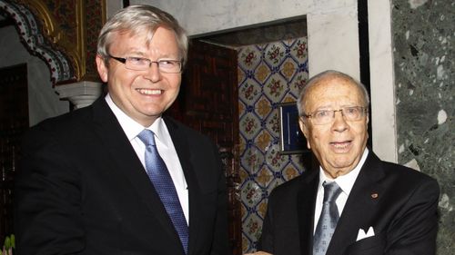 Tunisian Prime Minister Beji Caid Essebsi welcomes then-Foreign Minister Kevin Rudd in 2011.