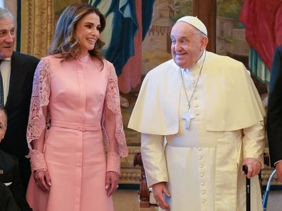 Queen Rania of Jordan with Pope Francis at the Vatican on Monday February 3, 2025.