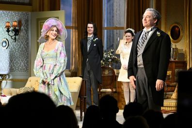 Sarah Jessica Parker and Matthew Broderick pose during curtain call for "Plaza Suite" Opening Night on March 28, 2022 in New York City