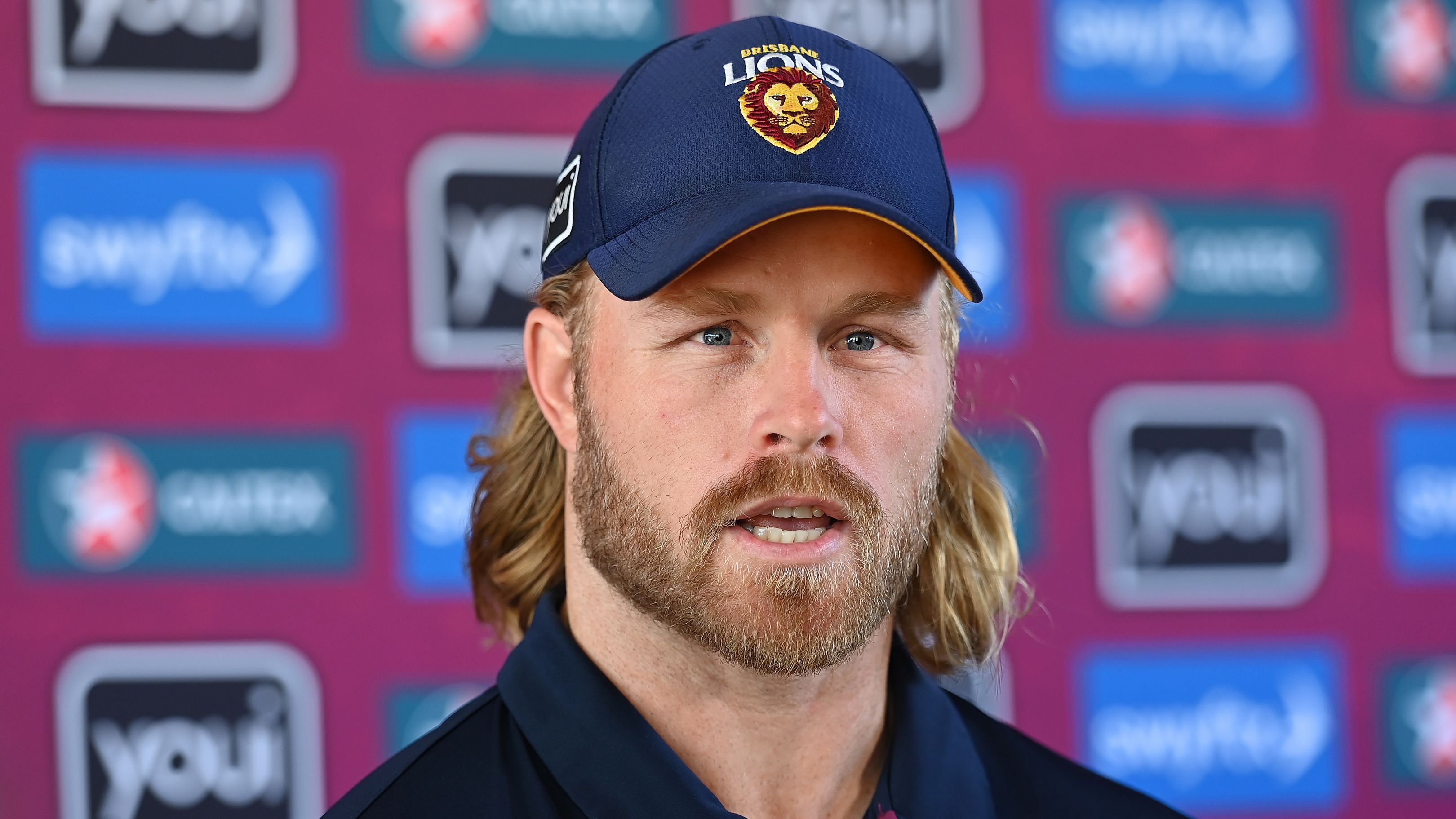 BRISBANE, AUSTRALIA - SEPTEMBER 05: Daniel Rich of the Lions speaks to the media during a Brisbane Lions AFL training session at Brighton Homes Arena on September 05, 2023 in Brisbane, Australia. (Photo by Albert Perez/Getty Images)