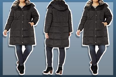 9PR: London Fog Women's Plus-Size Mid-Length Faux-Fur Collar Down Coat with Hood, XL, Black