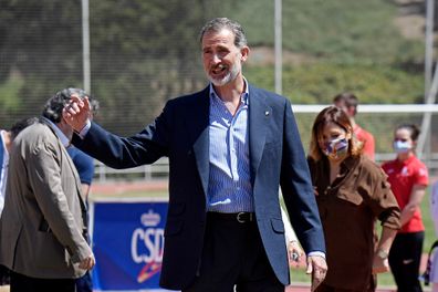 King Felipe VI of Spain reacts during a visit at the CAR Sports Center on June 08, 2020.