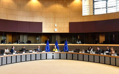 European Commission President Ursula von der Leyen, center, chairs a meeting of the College of Commissioners at EU headquarters in Brussels, Friday, June 17, 2022. 