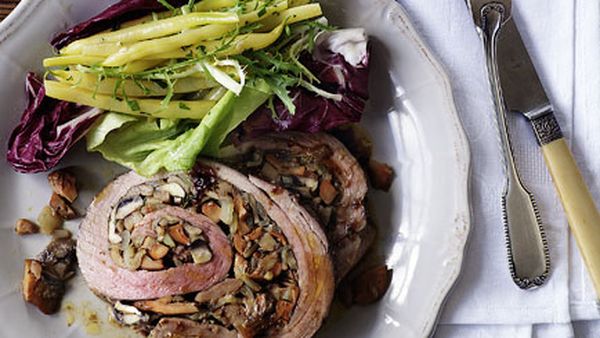 Roast veal stuffed with mushrooms and chestnuts with yellow bean salad