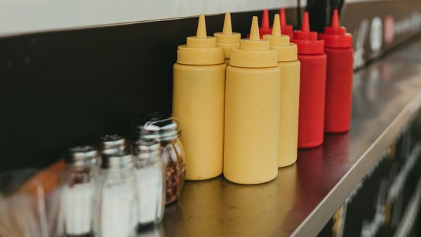 Close-up of mayo and ketchup bottles at the food truck window on a sunny summer day