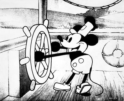 Still from Steamboat Willie - the first animated film with sound to feature Mickey Mouse.