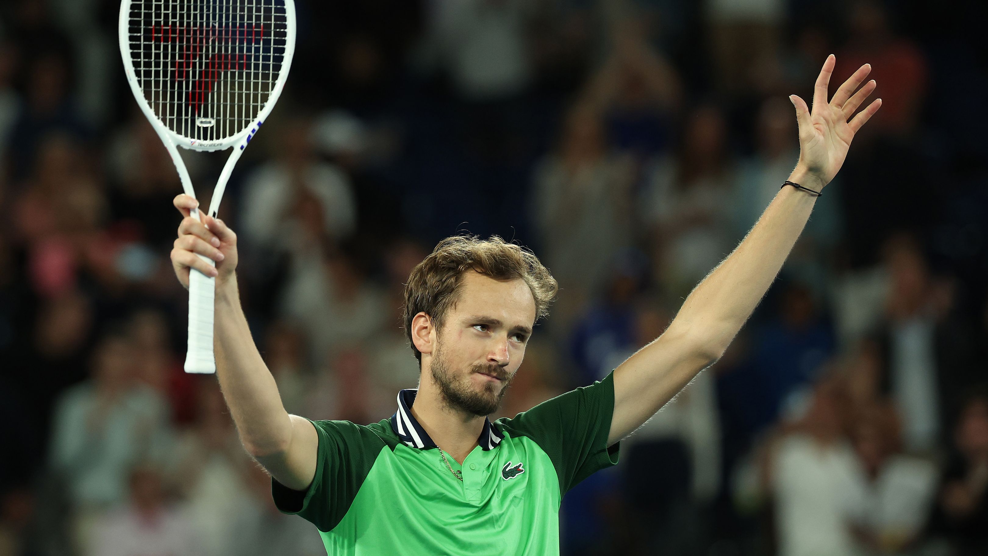 MELBOURNE, AUSTRALIA - JANUARY 26: Daniil Medvedev celebrates winning match point in their Semifinal singles match against Alexander Zverev of Germany during the 2024 Australian Open at Melbourne Park on January 26, 2024 in Melbourne, Australia. (Photo by Daniel Pockett/Getty Images)