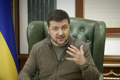 In this image from video provided by the Ukrainian Presidential Press Office and posted on Facebook early Saturday, March 12, 2022, Ukrainian President Volodymyr Zelenskyy speaks in Kyiv, Ukraine