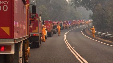 Country Fire Authority vehicles en-route to Gippsland on Sunday.