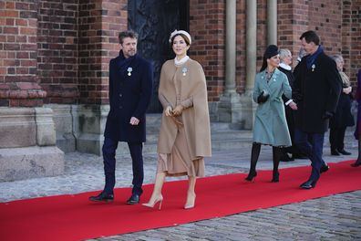 Danish Crown Prince Frederik, Crown Princess Mary, Princess Marie and Prince Joachim on their way to King Frederik IX's grave outside Roskilde Cathedral in Roskilde, Denmark, Friday Jan. 14, 2022. Denmarks popular monarch Queen Margrethe is marking 50 years on the throne with low-key events. The public celebrations for Friday's anniversary have been delayed until September due to the pandemic. The 81-year-old will, however, lay flowers on the grave of her parents at Roskilde cathedral, west of C
