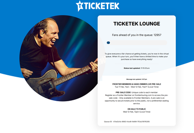 Screenshot of hans zimmer presale process on ticketek