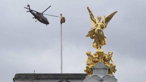 A helicopter departs from Buckingham Palace believed to be carrying King Charles III and Queen Camilla in London, Tuesday, Feb. 6, 2024. 