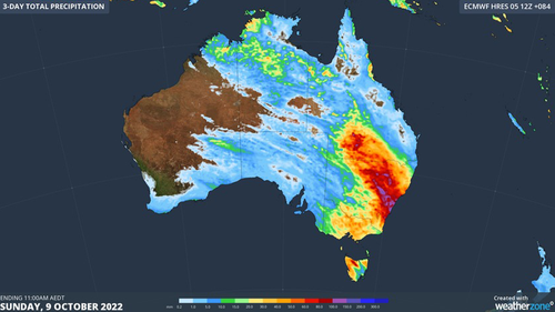 Prévision des précipitations sur 3 jours de l'ECMWF jusqu'à 11h le dimanche 9 octobre. 