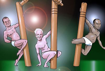Andrew Strauss, David Gower and Nasser Hussein pole dance on some stumps