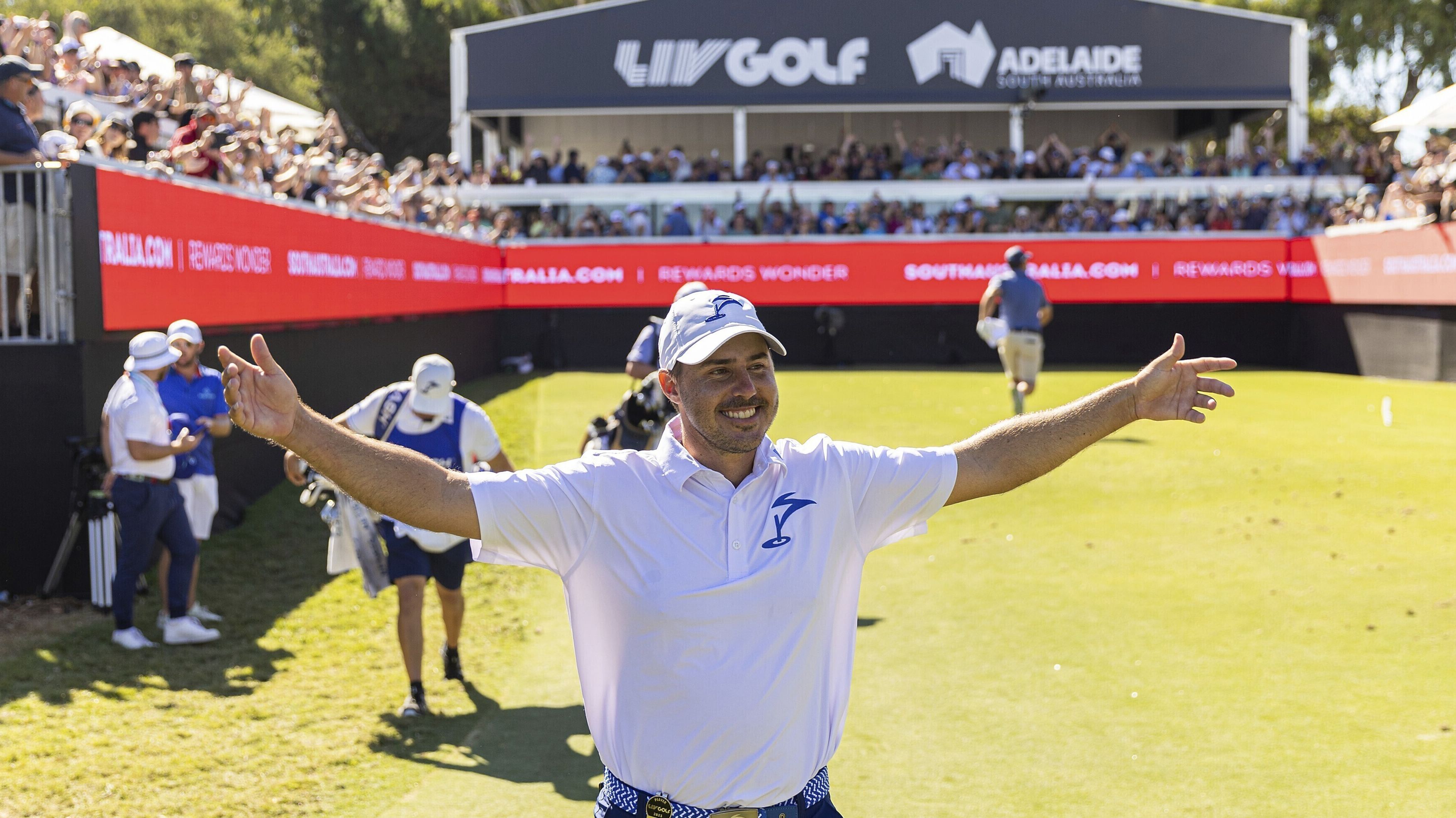 Chase Koepka reacts after making a hole-in-one on the 12th hole during the final round of LIV Golf Adelaide.