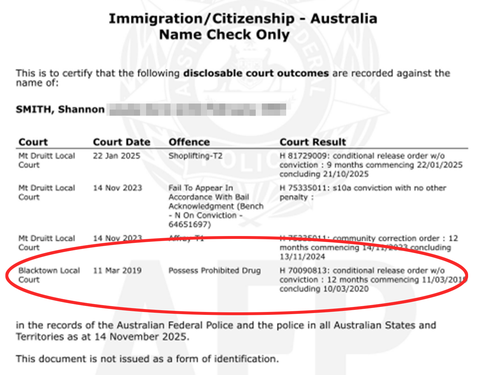 Il controllo della polizia del 2025 ha stabilito che Smith era stata condannata per molteplici crimini nel NSW, incluso uno quando non era nemmeno nel paese.