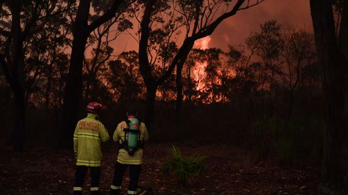 Fire fighting crews from the RFS, NSW Fire and Rescue and NPWS officers fight a bushfire encroaching on properties near Lake Tabourie on the Princes Highway between Batemanâ€™s Bay and Ulladulla south of Sydney,Thursday, December, 5, 2019