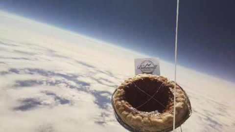 A Bakewell pudding has been declared lost after it was launched into the earth’s stratosphere by pupils from S. Anselm’s School in Derbyshire on June 18, 2017.