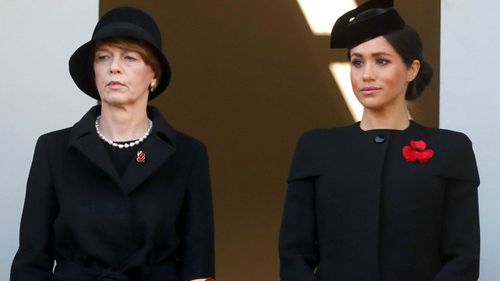 Meghan, Duchess of Sussex, and the wife of President of Germany Frank-Walter Steinmeier attend the Remembrance Sunday ceremony at the Cenotaph in London.