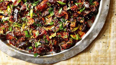 Recipe: <a href="http://kitchen.nine.com.au/2017/10/10/11/32/sticky-spicy-eggplant-with-toasted-sesame-seeds" target="_top">Sticky, spicy eggplant with toasted sesame seeds</a>