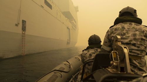 HMAS Choules' Fast Recovery Craft departing the ship on her way to Mallacoota, Victoria on January 2.